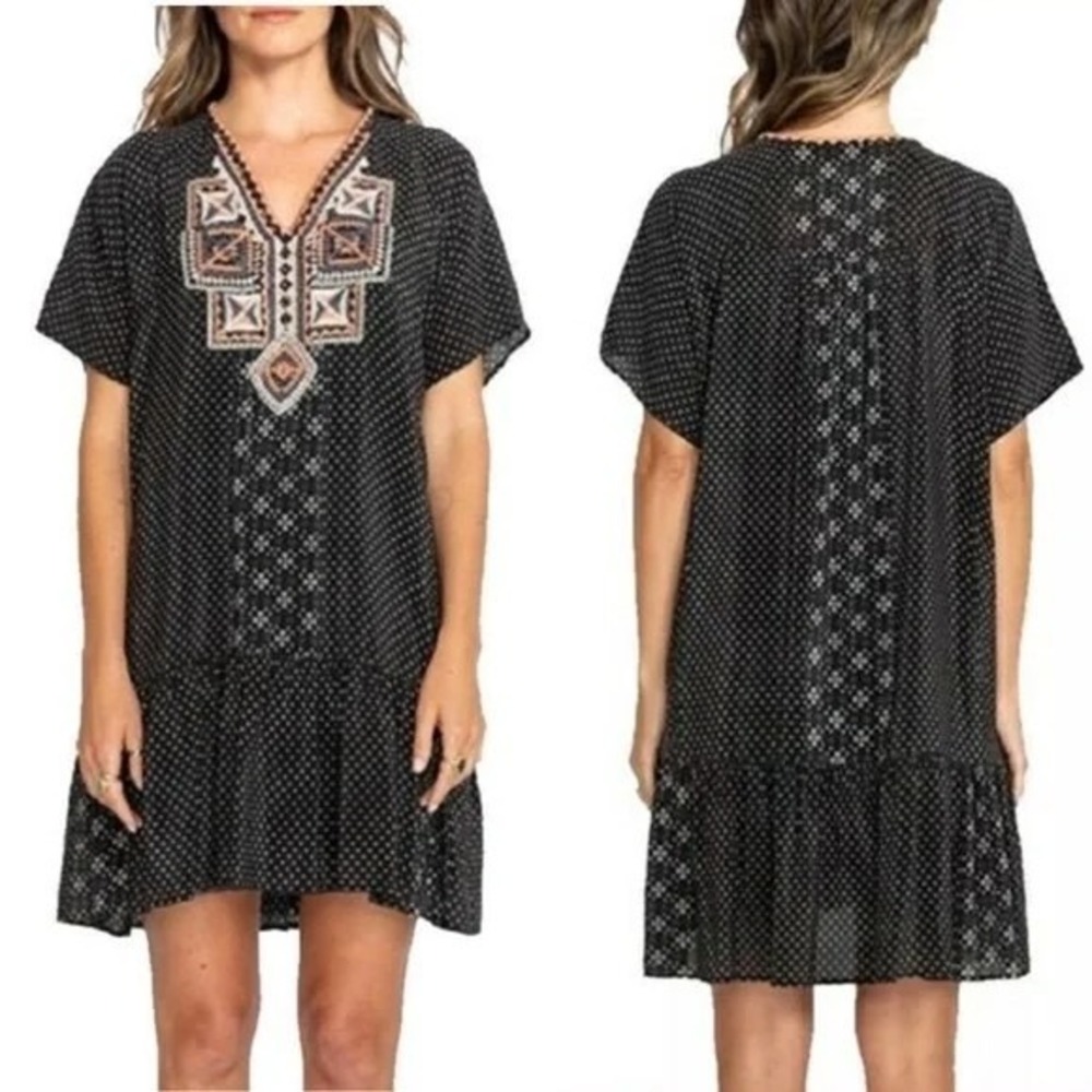 Johnny Was Biya Zoe Dress Sz Large Black Silk Embroidered Polka Dot Flounce Hem